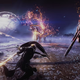 A Warframe fighter battles sentinels with their space swords.